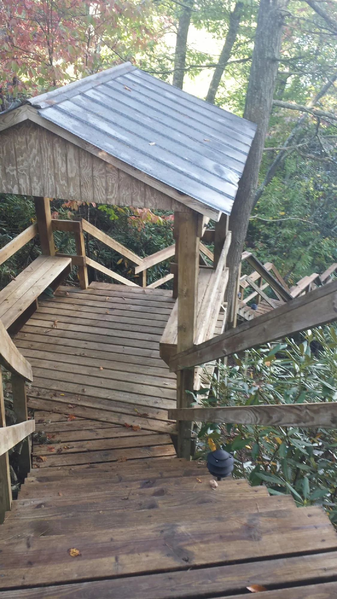 Metal roofed shelter over wooden steps on a wooded walkway — Skylight Repair & Installation work by our crew in Granbury
